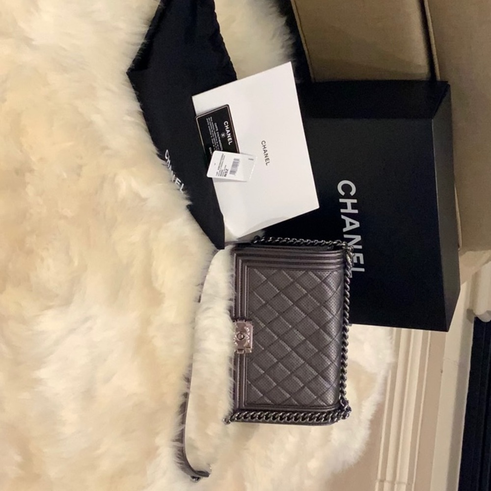 CHANEL Metallic Gray Quilted Boy Bag with Chain Strap